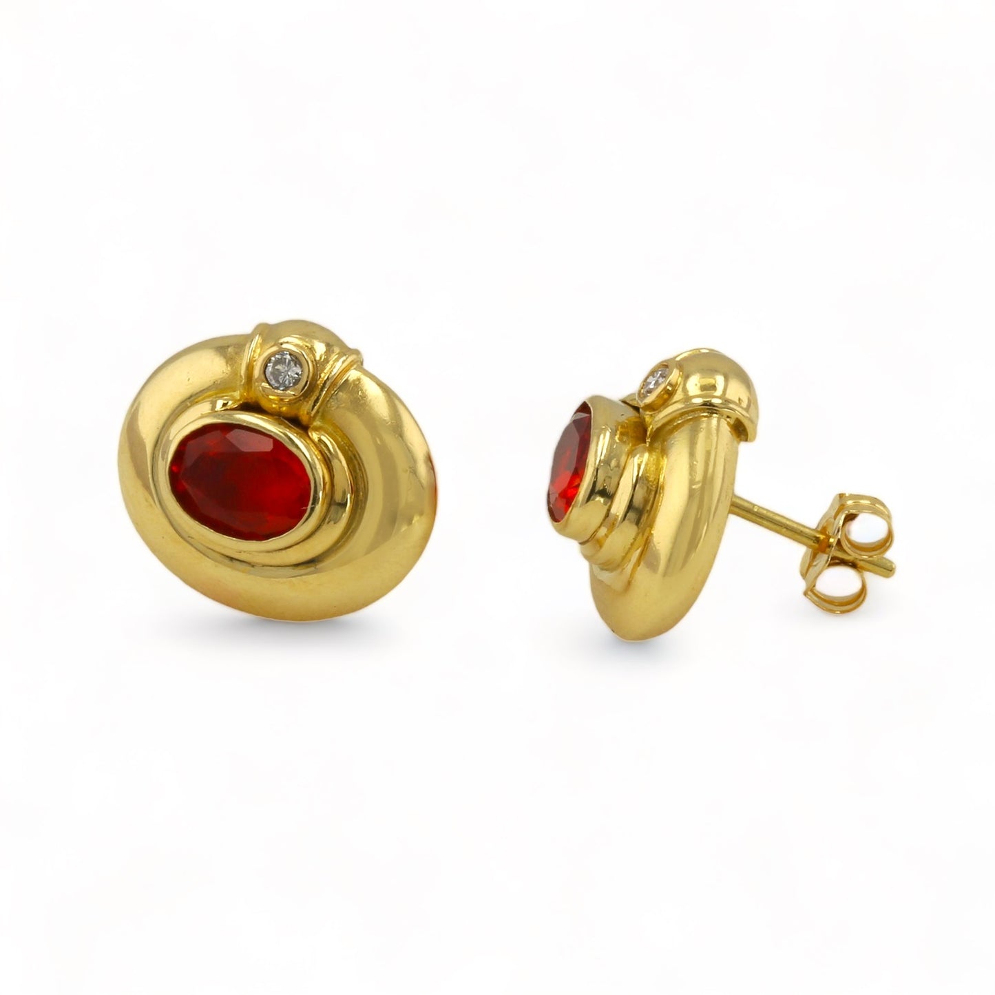 18K Yellow Gold studs with Diamond and fire Opal - 14324