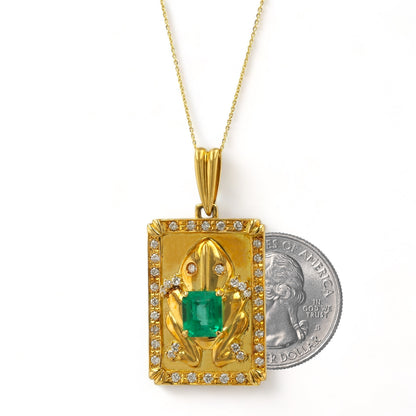 18K Yellow Gold solid lucky Frog necklace with Emerald and Diamonds - 16150