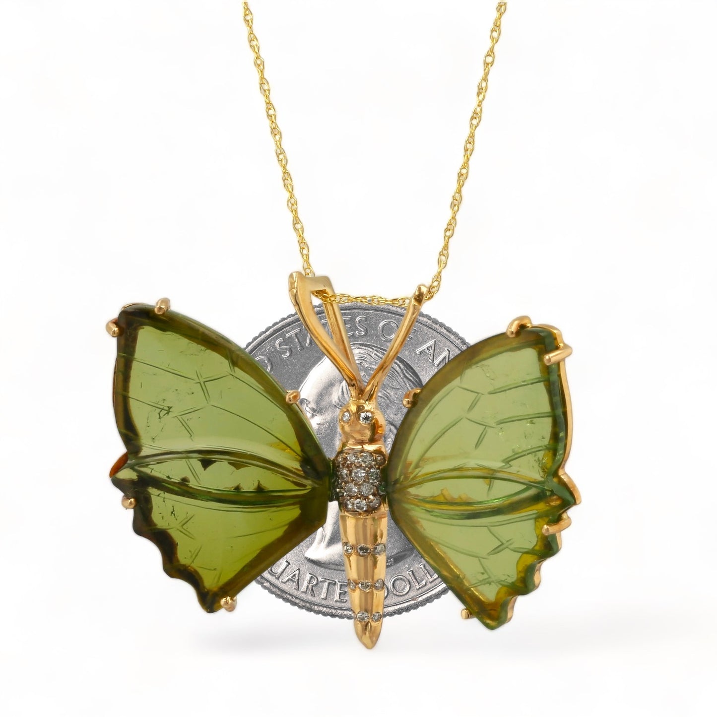 18K Yellow Gold Butterfly necklace with Diamonds and Peridot Wings - 18049