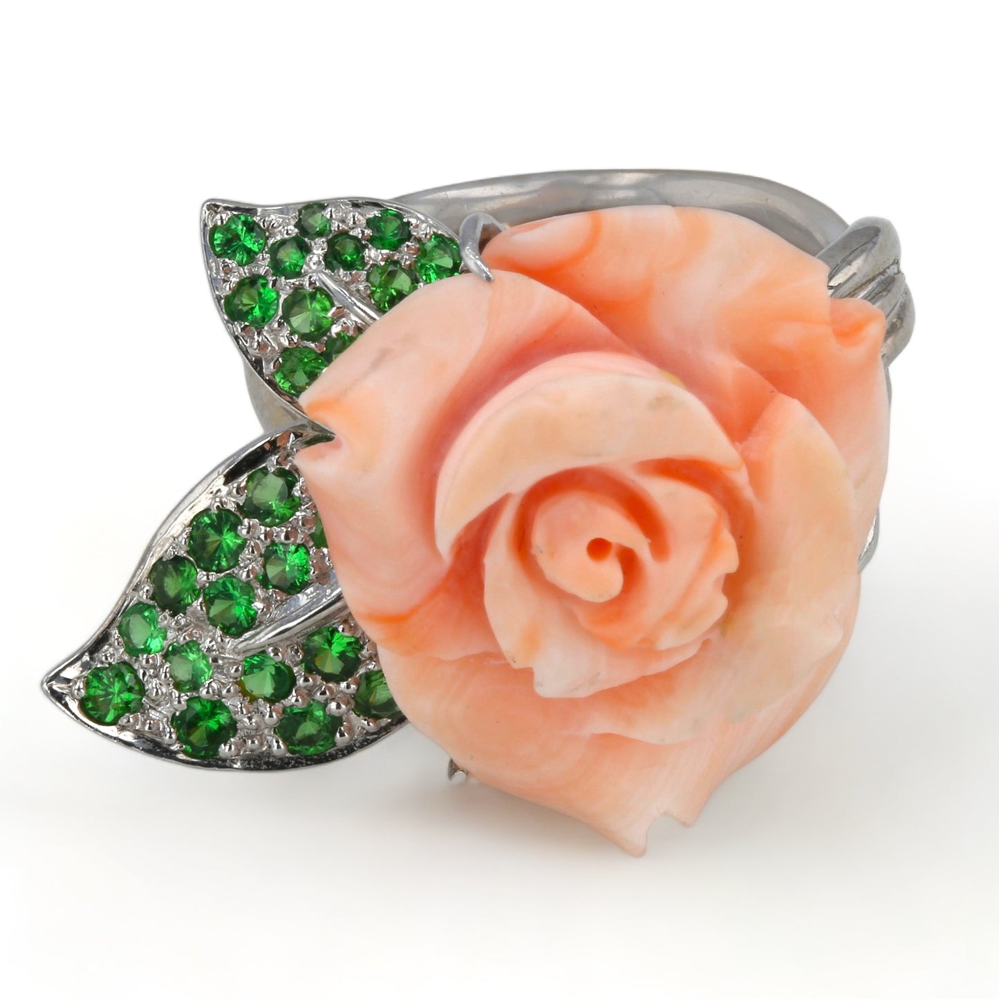 18K White Gold Rose handcrafted Ring with Tsavorite and Pink coral Coral - 339223