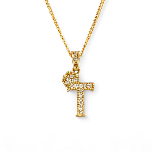 14K Yellow Gold Letter T with Cubic Zirconia and Chain