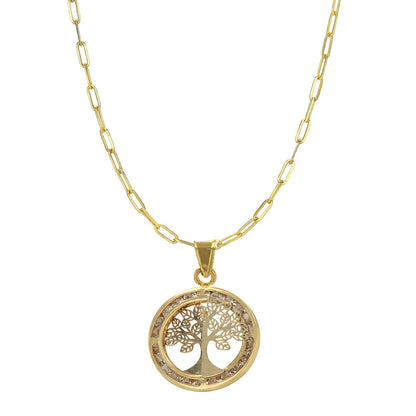 14K Yellow Gold baby Paper Clip and Tree of Life Pendant with Cubic Zirconia