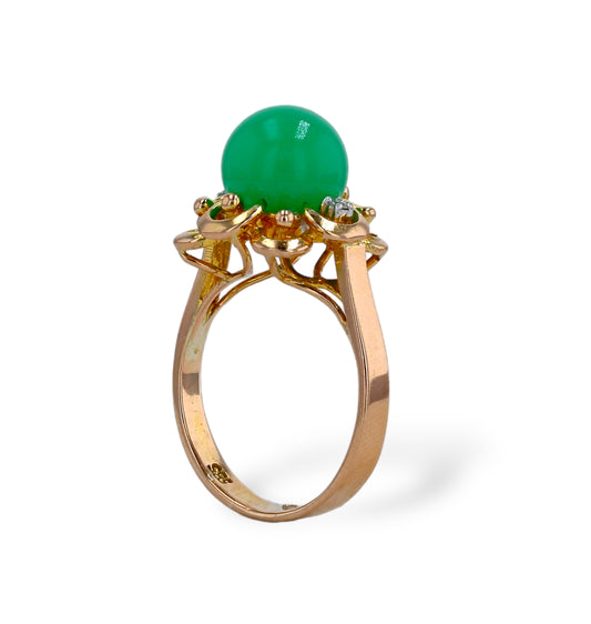 Gold 14K Vintage Jade & Diamond Flower Ring-5643