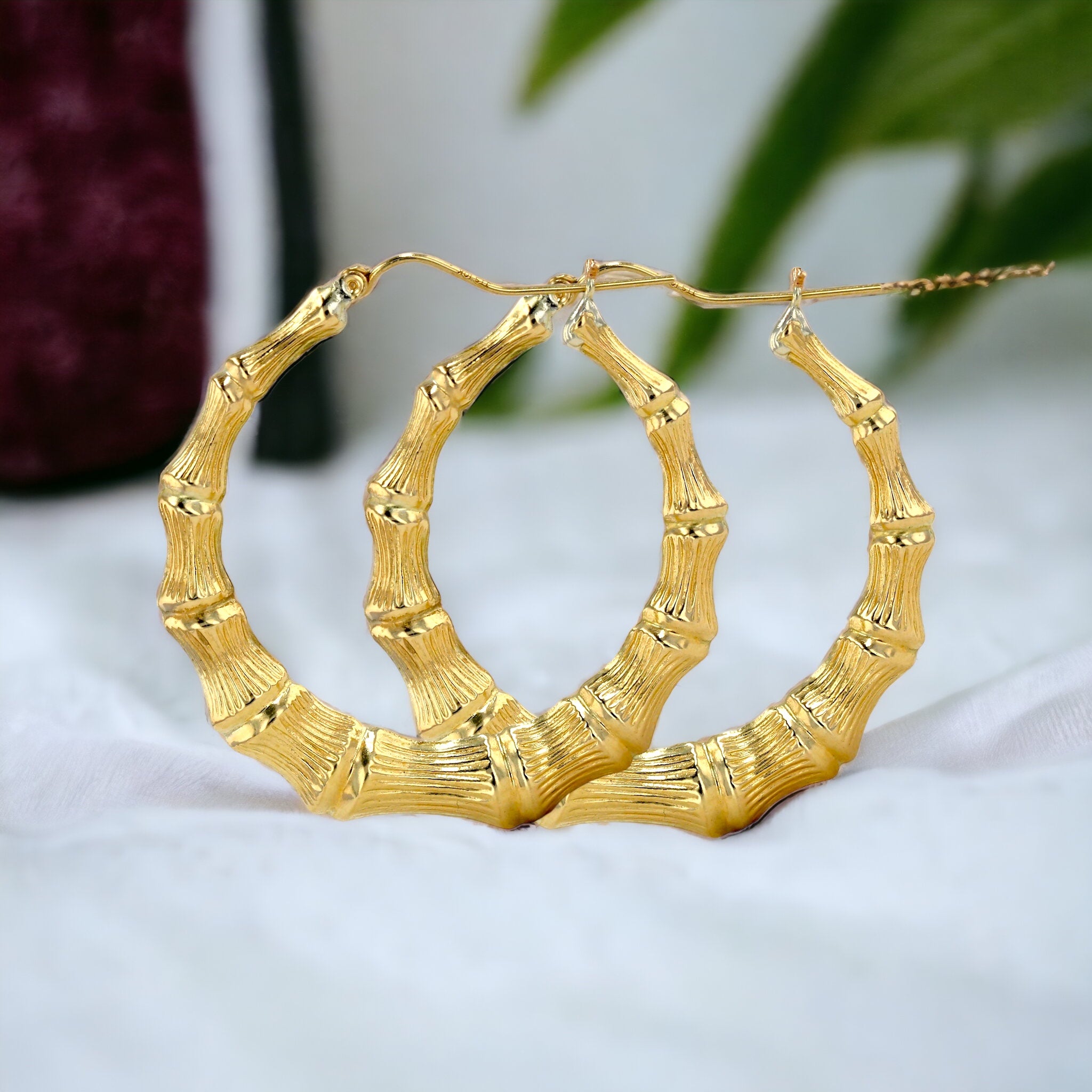10k Yellow Gold Bamboo Hoop Earrings 315  LoveBling