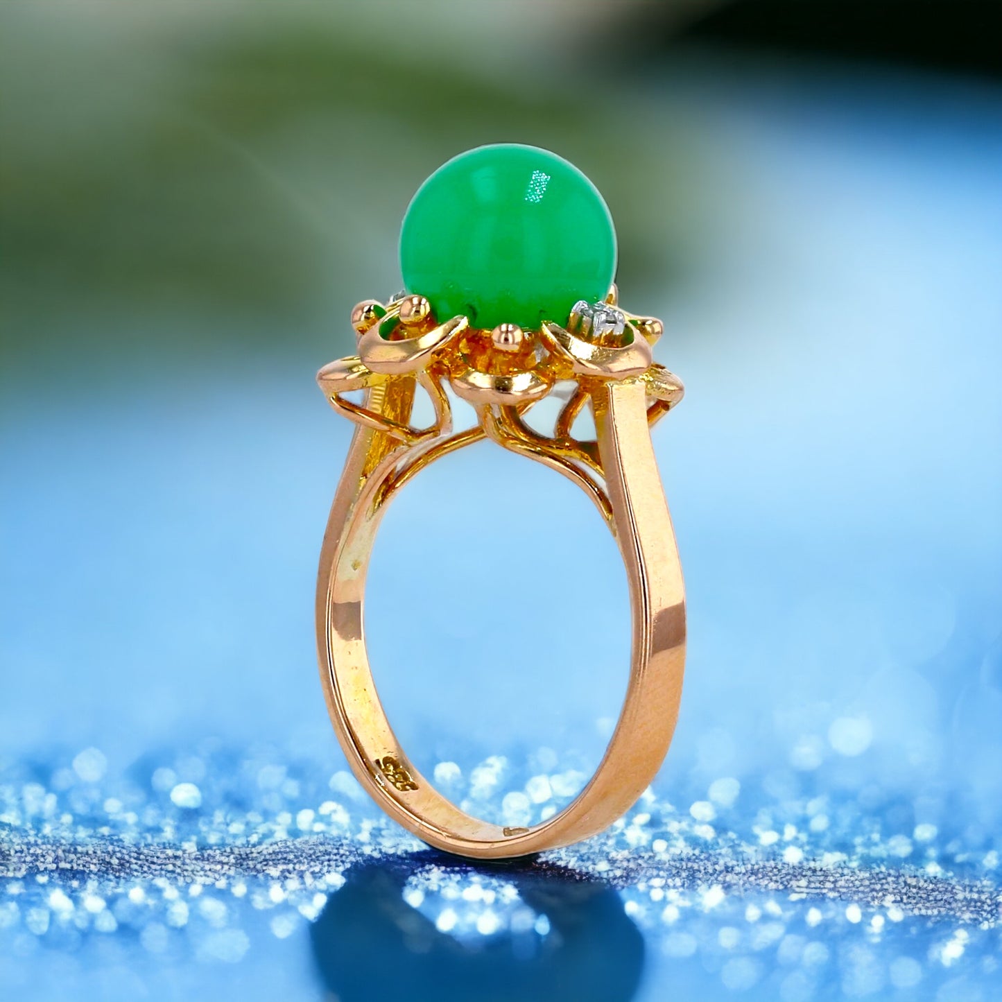 Gold 14K Vintage Jade & Diamond Flower Ring-5643