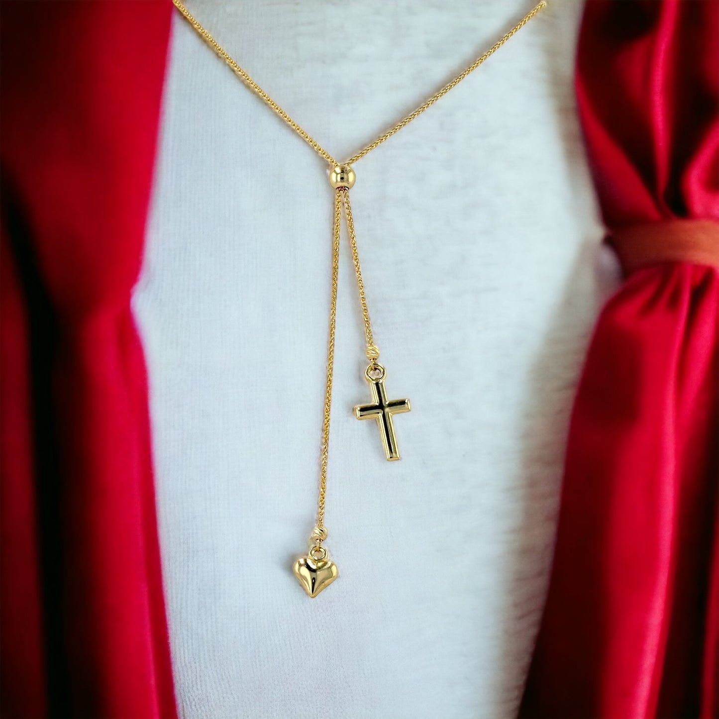 Gold 10k adjustable charm necklace cross and heart