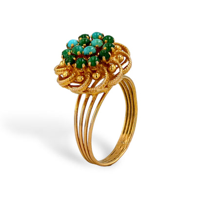 Vintage rosette 18k gold turquoise & Jade ring