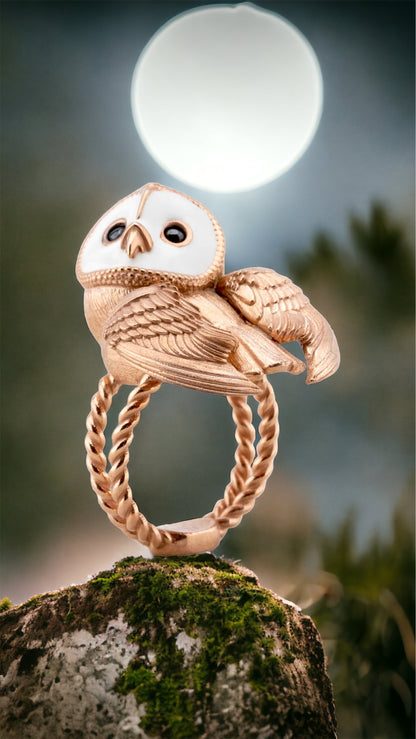 14K rose gold solid 3D handmade realistic owl ring-52903