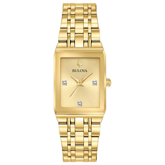 Bulova Quadra Gold Dial Diamond Rectangular Steel Watch - Aldo Jewelry