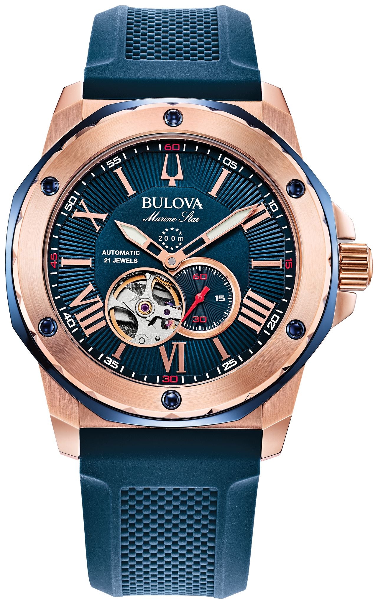 Bulova Marine Star Blue Dial Rose Gold Stainless Steel Watch - Aldo Jewelry
